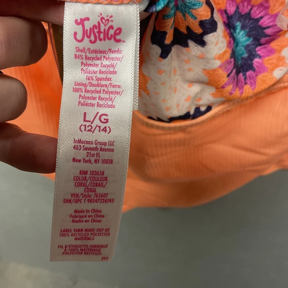 Justice Girls Cutout Colorblock One Piece‎ Swimsuit Coral Print  L 12-14 UPF 50
